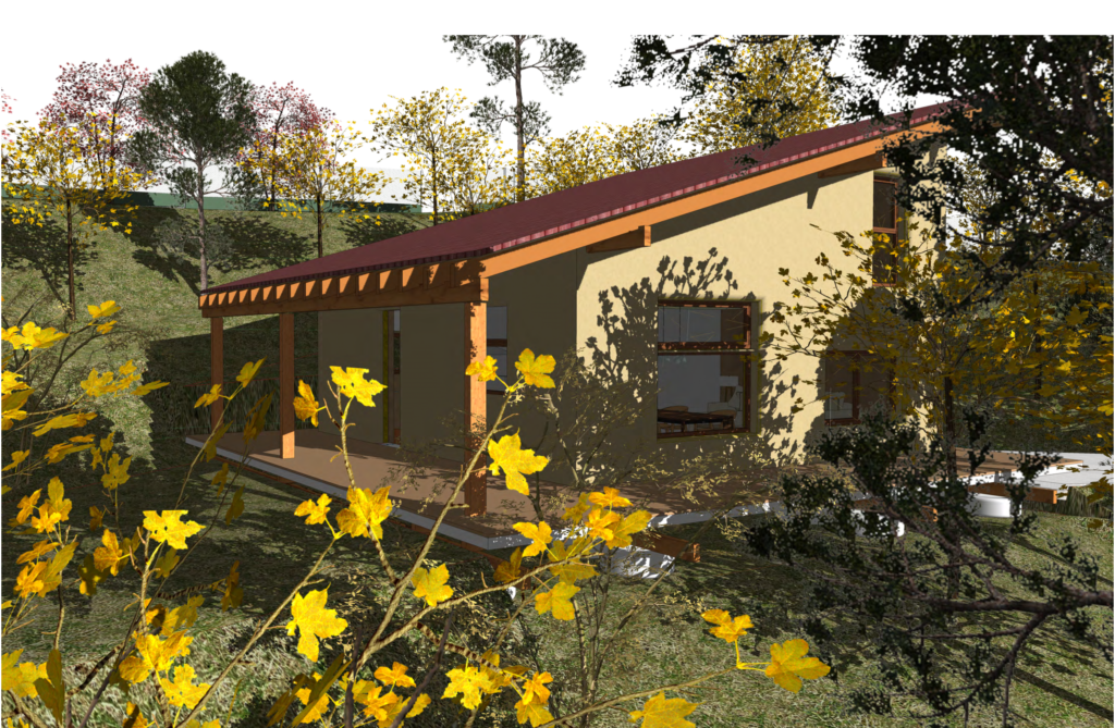 A modern house surrounded by colorful autumn foliage, featuring a porch and large windows, set in a lush green landscape. Straw bale self building 